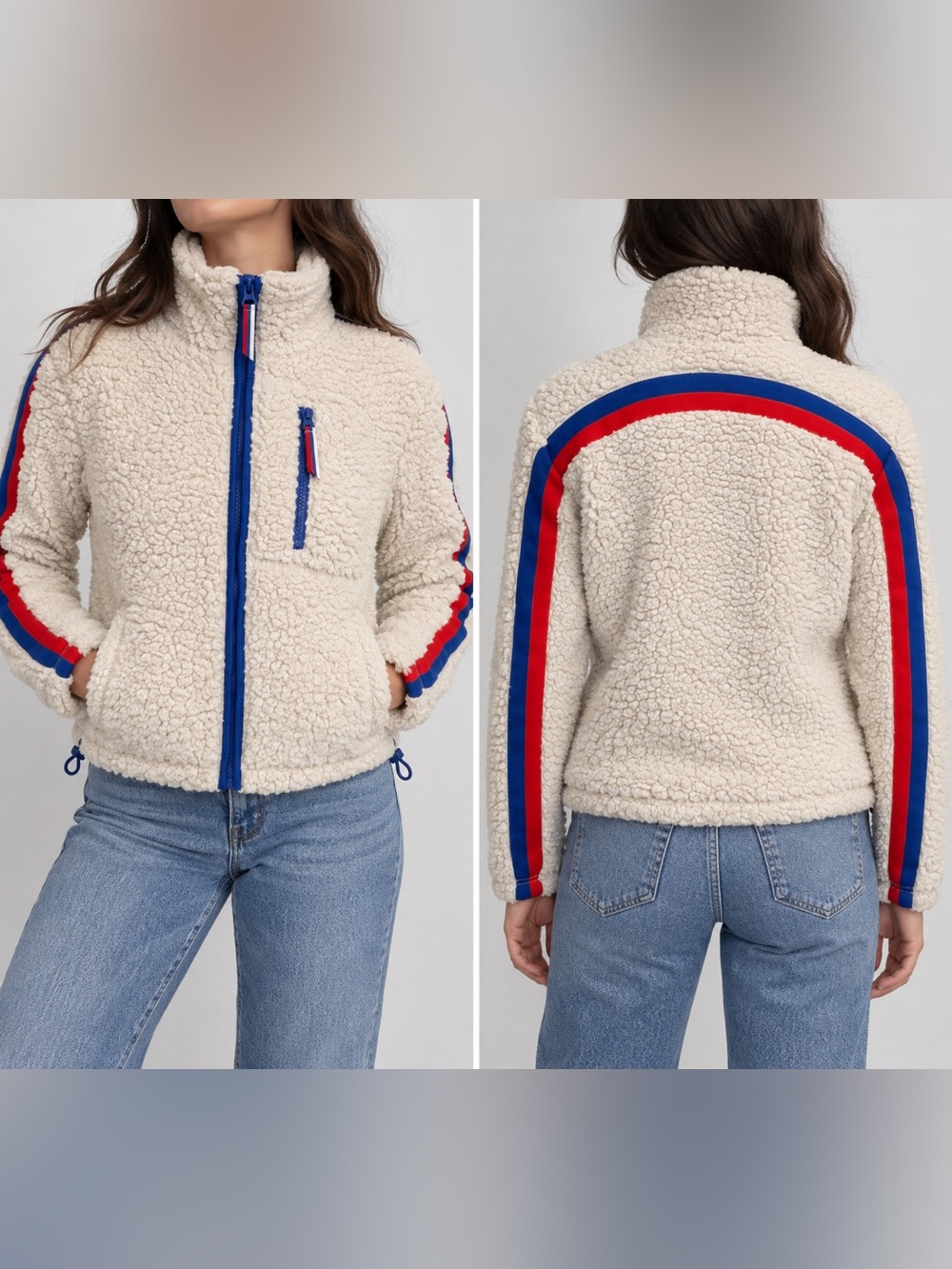 Garage Cream Sherpa Fleece Jacket Red Blue Stripe Zip Up P/S